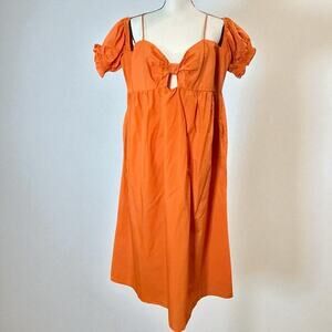 Boho Womens Dress 2X Orange Smocked Midi Puff Sleeve Garden Party Cottagecore